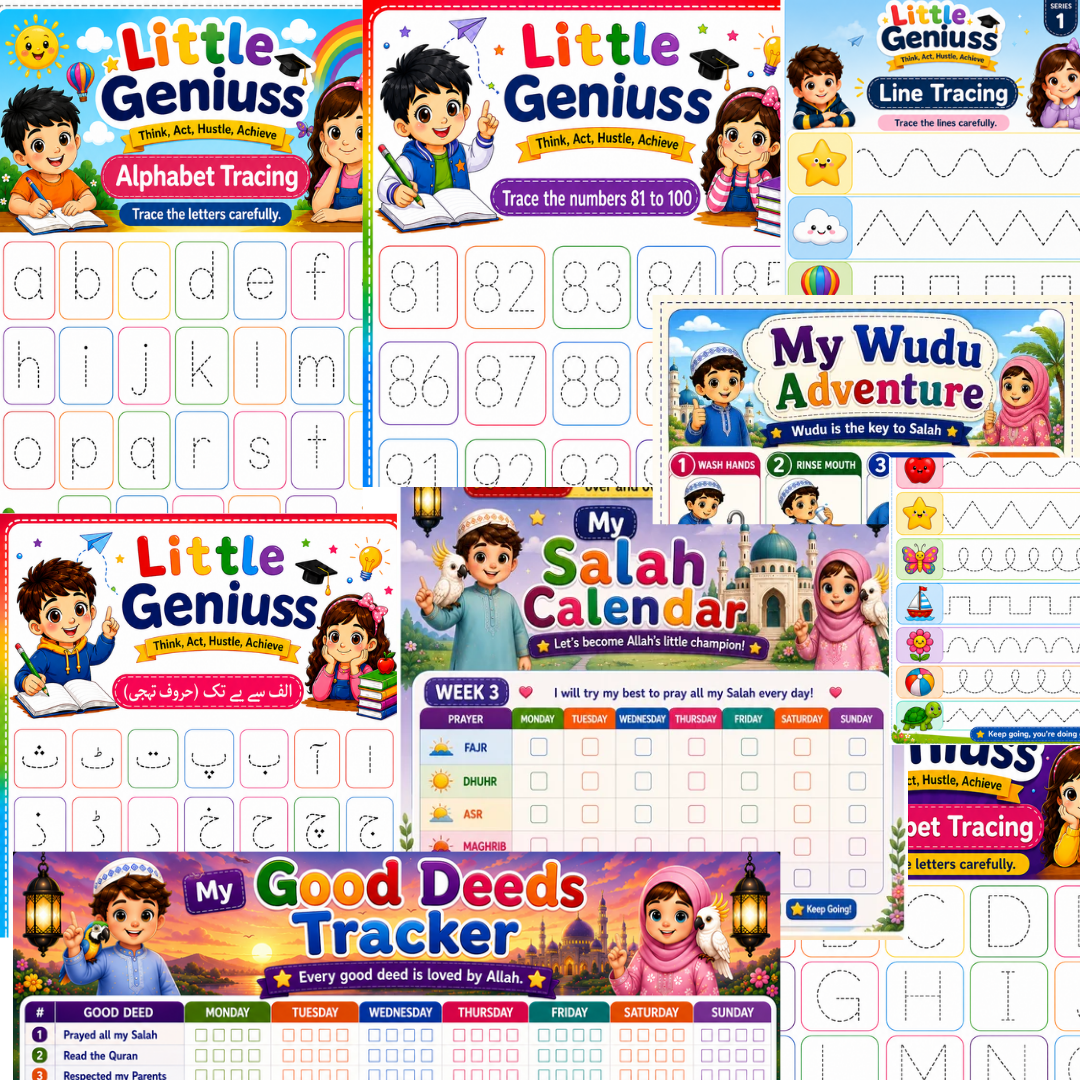 Little Geniuss – Islamic Kids Activity Book | Tracing, Salah Tracker, Duas, Wudu, Urdu, English & Fun Learning (Series 1)